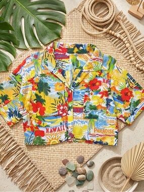 VIOLET SKY Womens Tropical Hawaii Print Crop Button Down Shirt Island Boho Style